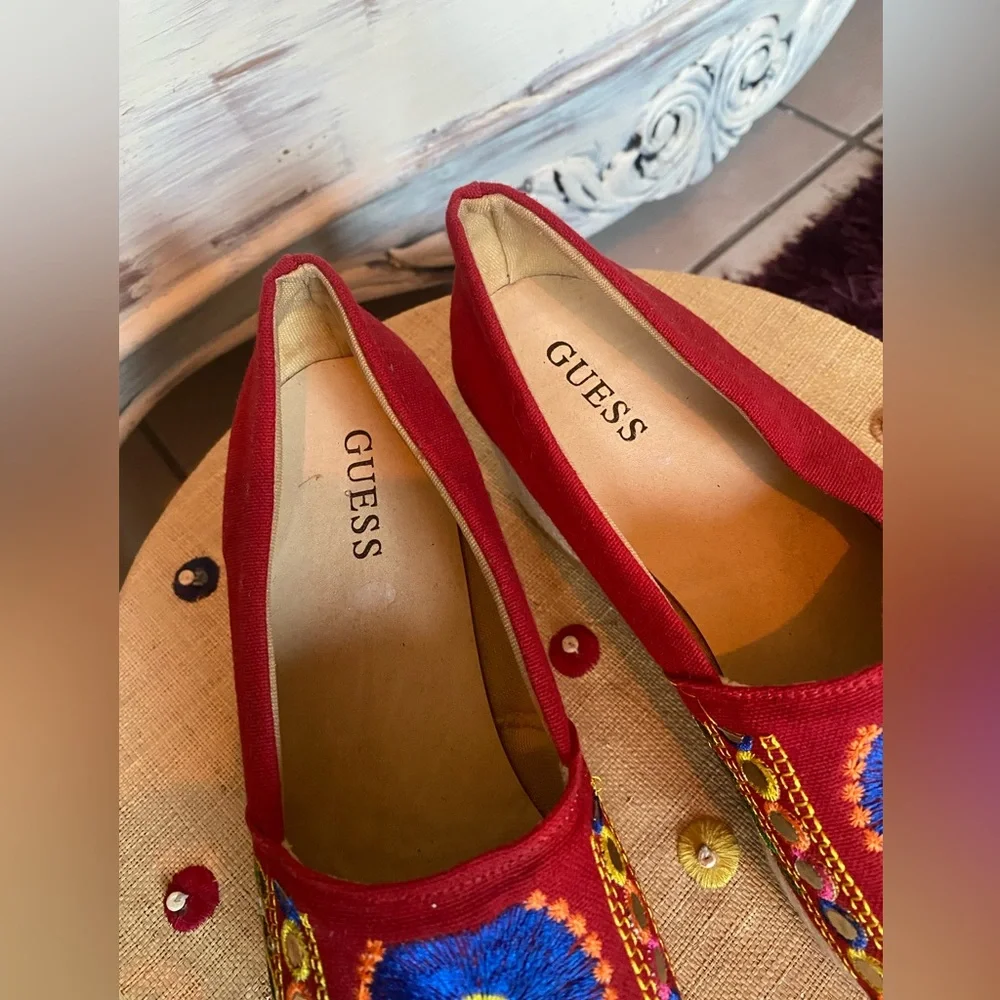 Guess Red Embroidered Platform Espadrilles